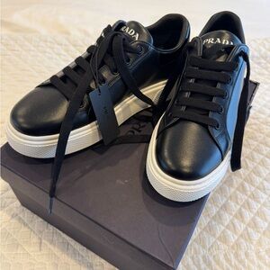 Prada Black Leather Low-Top Sneakers with White Soles 38.5